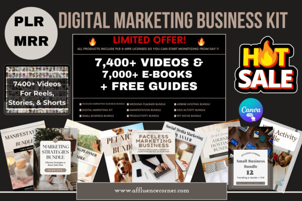 This digital marketing business for beginners kit is for you if you are looking for: Done-for-you products to add your own touch, rebrand to sell as your own, and get 100% of the profits, Ready-made content such as videos for your reels, stories, and shorts, including stunning photos for carousel posts, Content ideas and strong hooks to post on your social media accounts to generate sales or grow followers, Valuable courses to learn how to start your very own profitable business online or grow your existing one.