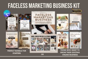 DONE-FOR-YOU FACELESS MARKETING BUSINESS PREMIUM KIT WITH PLR & MRR LICENSE IS NOW ON SALE. Canva template ideas to sell online and start a low-cost digital business from home